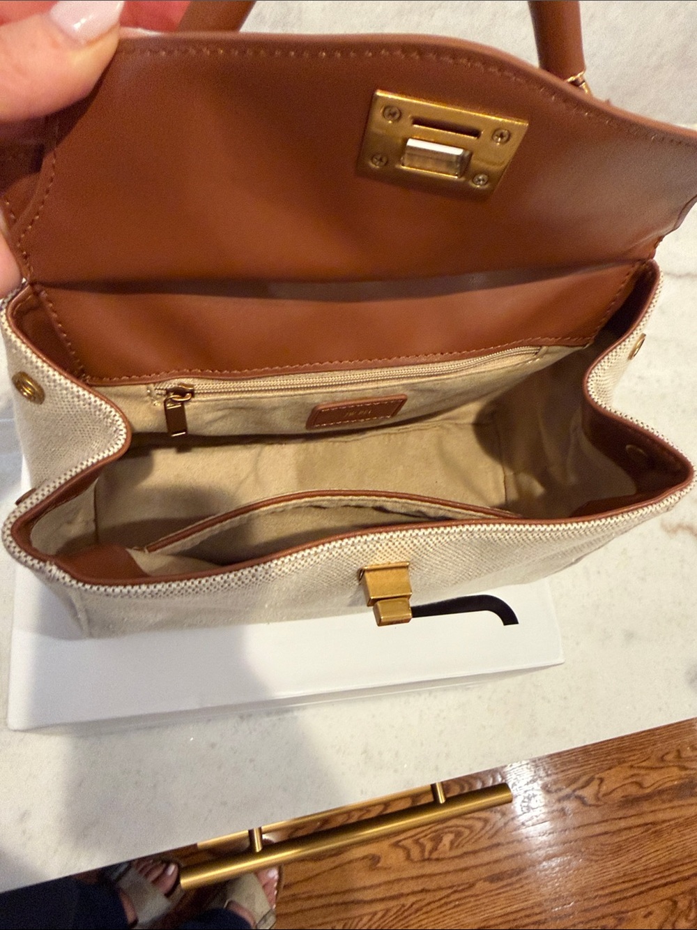 JW PEI Cream Canvas and Tan Top-Handle Satchel crossbody strap included - Picture 6 of 7